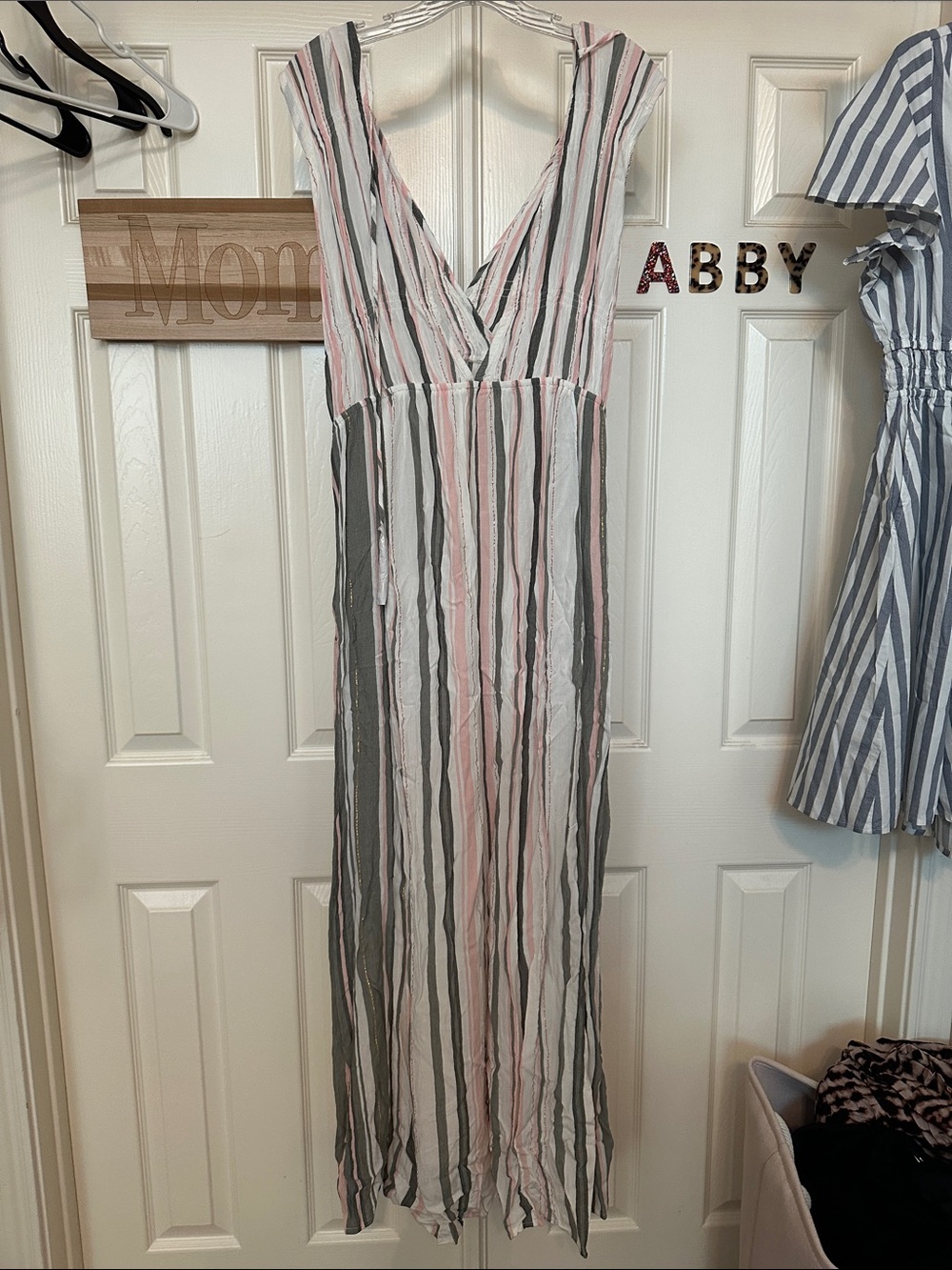 lovestitch Striped V-Neck Maxi Dress in Pink, Gray & White